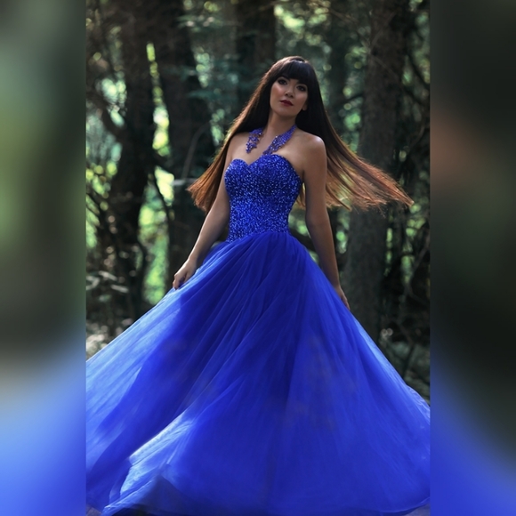 Beaded Chiffon Blue Gown - Picture 1 of 2